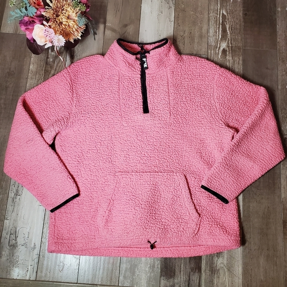 PINK Victoria's Secret Pink Sherpa Quarter Zip Pullover Jacket Campus Winter EUC - Picture 3 of 16